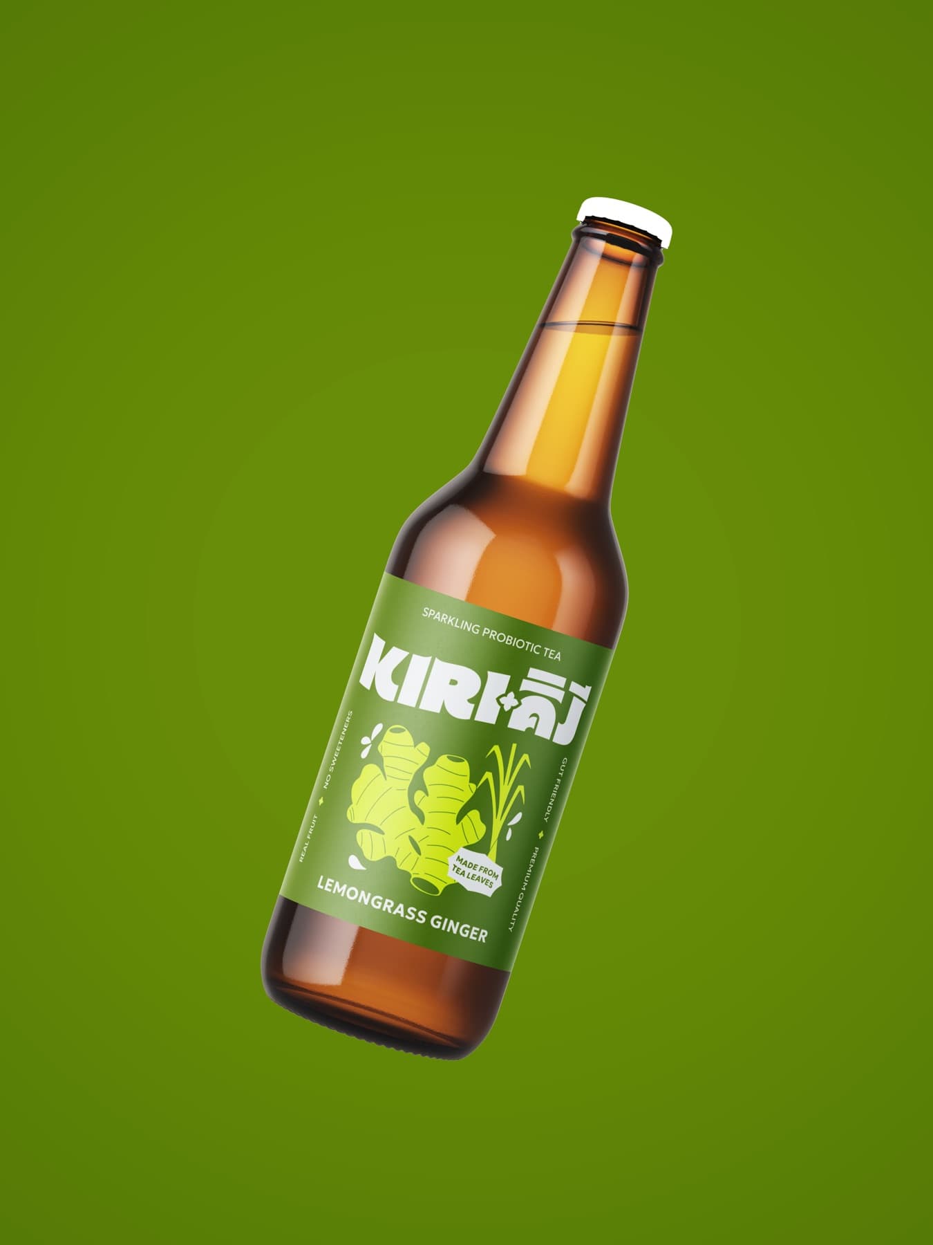 Kiri Kombucha lemongrass ginger bottle with the refreshed label