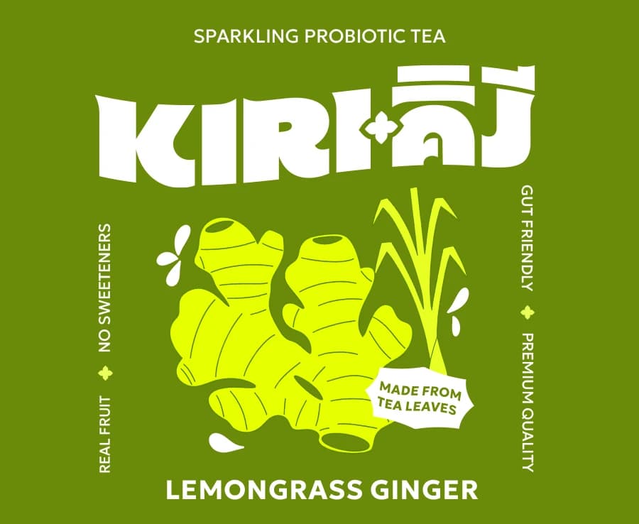 Kiri Lemongrass Ginger label: chartreuse ginger root and lemongrass stalks on an olive green field.
