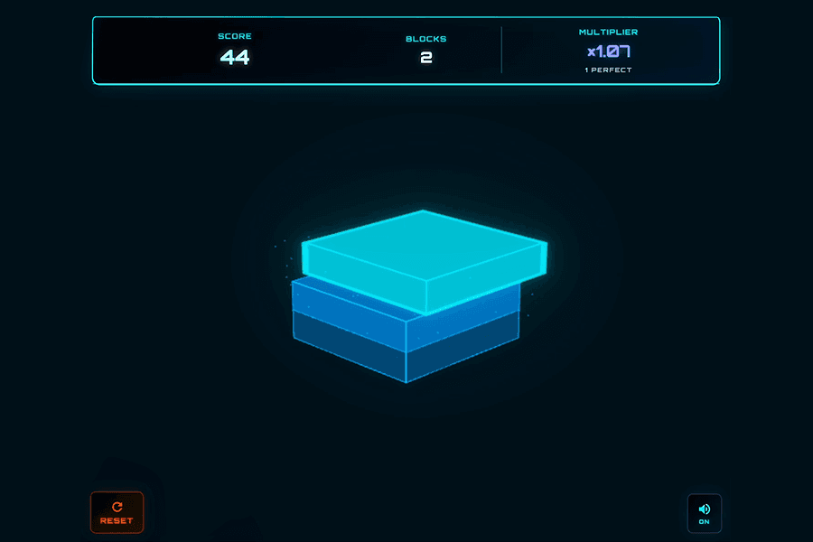Stonefall neon block tower with score and multiplier HUD