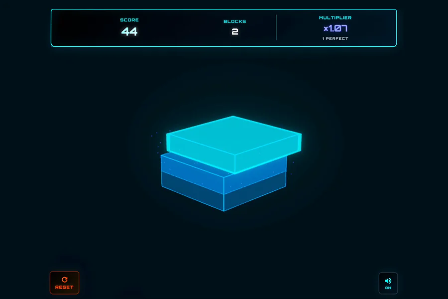 A neon block tower in Stonefall, with the score and multiplier